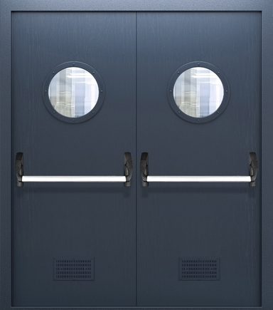 Двупольная противопожарная дверь МДФ с круглым стеклом, вентиляцией и ручкой Антипаника ДПМО 02/60 (EI 60) — №03 (NEW)