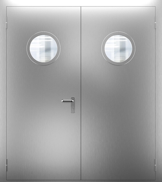 Двупольная противопожарная нержавеющая дверь с круглым стеклом ДПМО 02/60 (EI 60) — №07 (NEW)