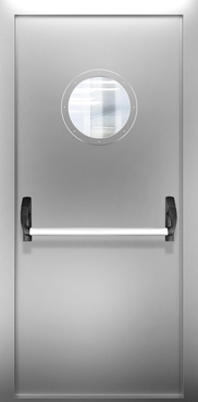Однопольная противопожарная нержавеющая дверь с круглым стеклом и системой Антипаника ДПМО 01/60 (EI 60) — №05 (NEW)