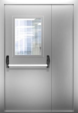 Полуторопольная нержавеющая дверь со стеклом и системой Антипаника ДПМО 02/60 (EI 60) — №03 (NEW)